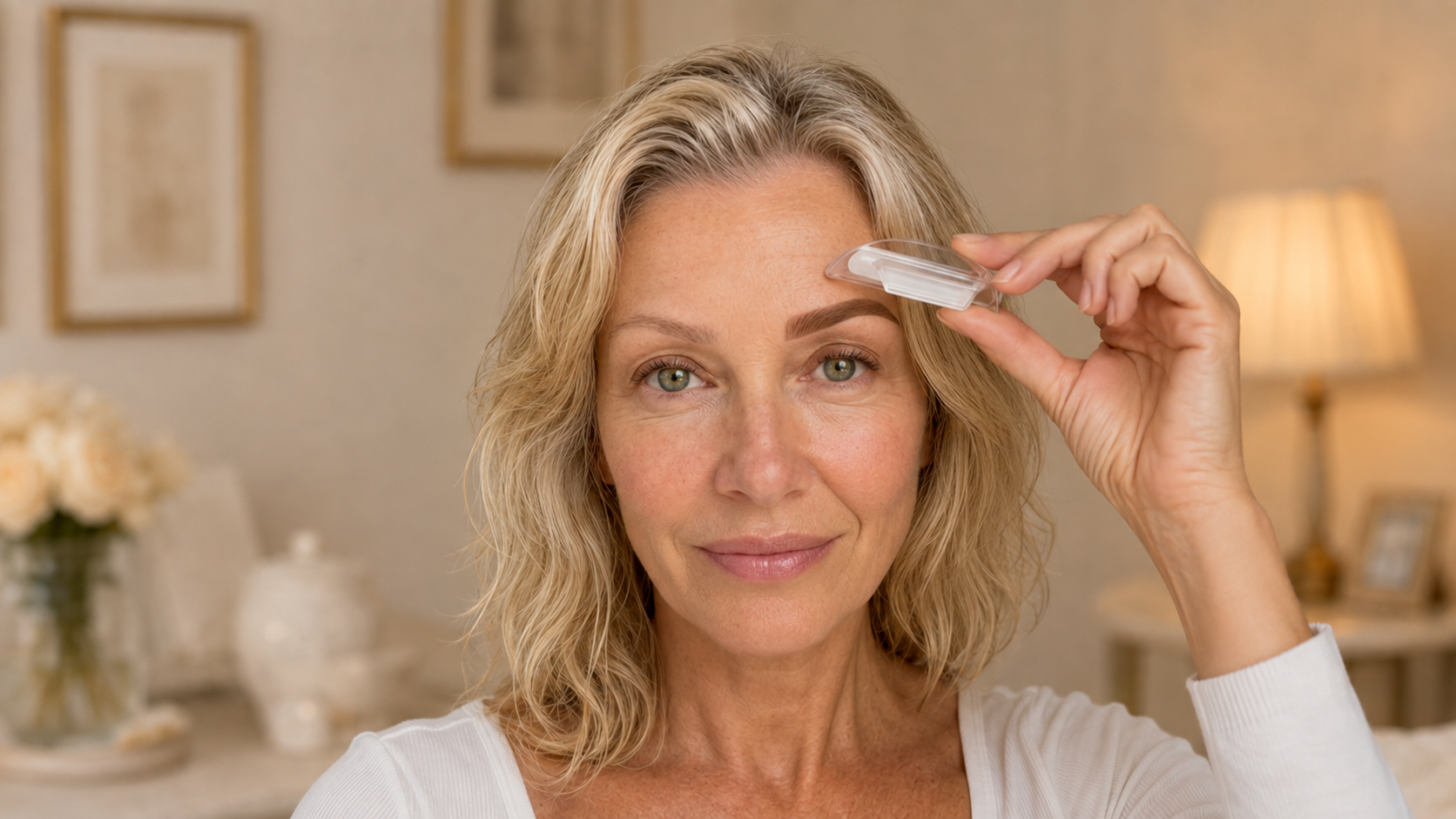 Woman pressing the loaded brow stamp onto her eyebrow
